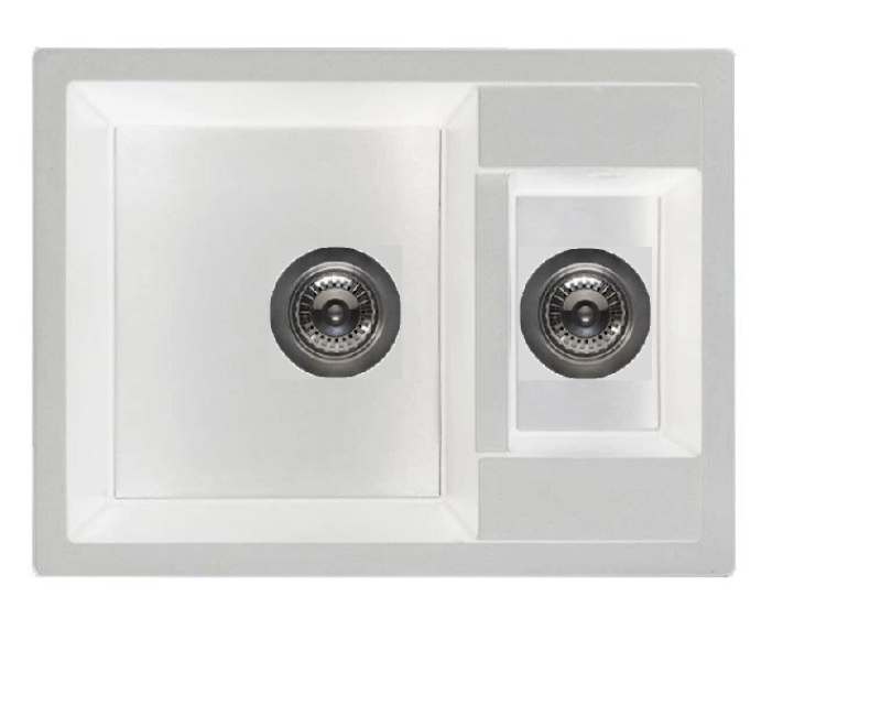 GraniteMy Smart fregadero sobre encimera de granito extra poco profundo de 1,5 senos blanco de 58x44cm con tapón y cubierta blanca 1208970052.