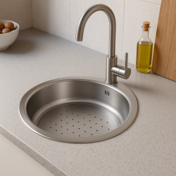 Banka P18380 Fregadero redondo poco profundo de acero inoxidable con escurridor de 45 cm. Montaje sobre encimera y bajo encimera 1208970057