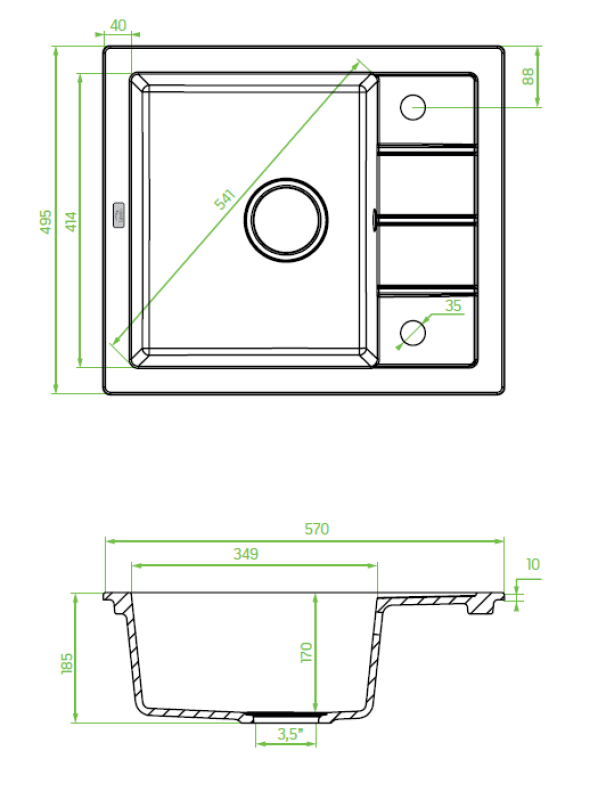 Aquadesign Somerset Fregadero de Encimera de Granito Antracita con Pequeña Zona de Escurrido 570 x 495 mm 1208970084