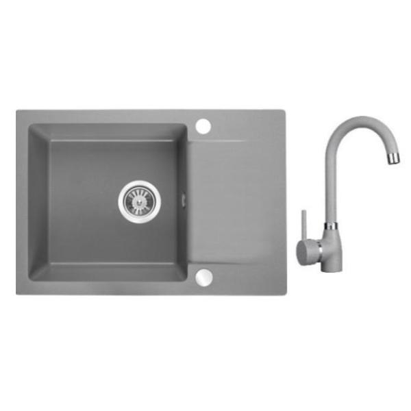 Aquadesign Kensley Set - Fregadero de Montaje en Granito Gris con Pequeña Zona de Escurrimiento y Grifo de Cocina, 65 x 44 cm 1208970086.