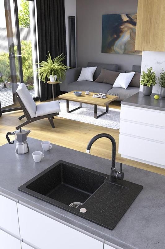 Aquadesign Kensley Set - Fregadero de Montaje en Granito Gris con Pequeña Zona de Escurrimiento y Grifo de Cocina, 65 x 44 cm 1208970086.
