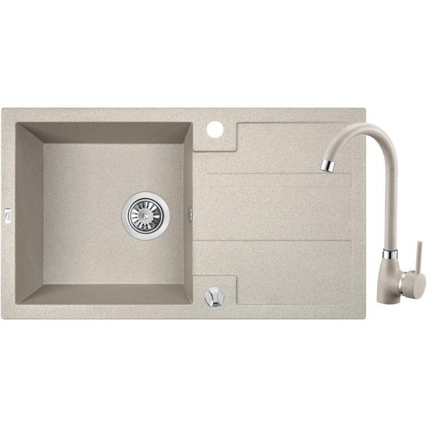 Conjunto Aquadesign Hartwell - Fregadero de Montaje Superior de Granito Beige Arena con Escurridor y Grifo de Cocina, 76 x 44 cm - 1208970088