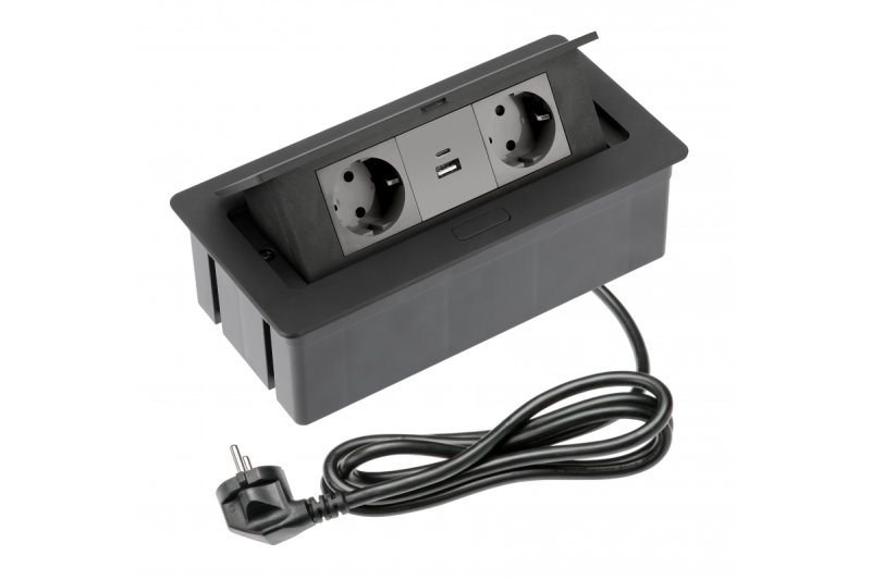 Base de muebles SOFT 2x enchufe Schuko, USB A+C, cable de alimentación con enchufe, negro.