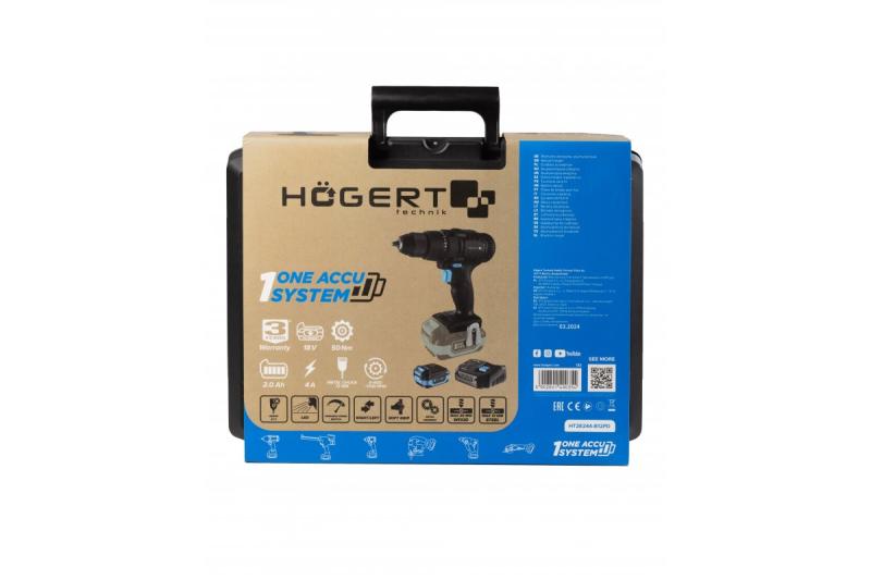 HÖGERT taladro inalámbrico 18V, set con batería, cargador, soporte para puntas, almacén de brocas.