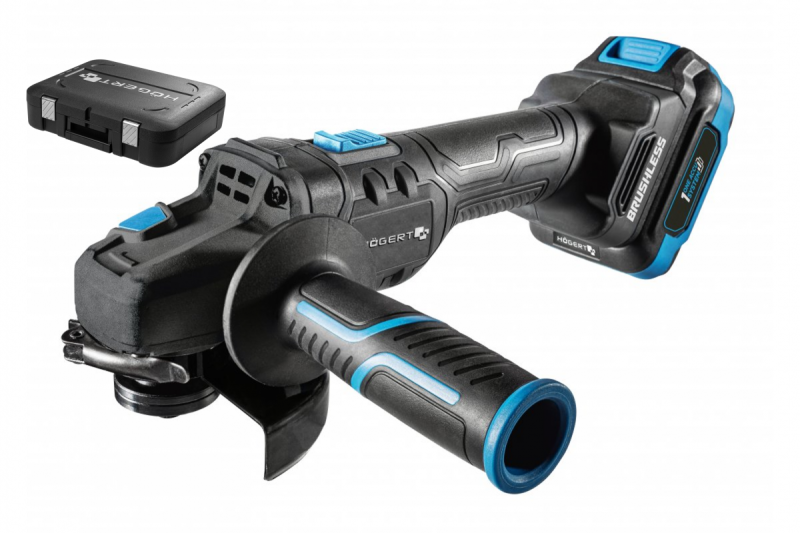 HÖGERT amoladora angular inalámbrica con interruptor de paleta, 125MM, 18V, juego con batería, cargador, accesorios.