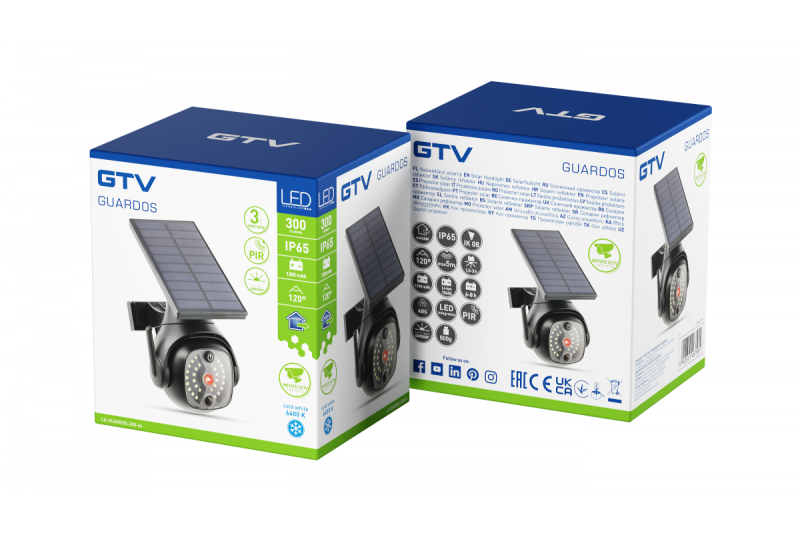 Luz de inundación solar con sensor de movimiento y crepúsculo GUARDOS, LED, 300lm, 6400K, 1200mAh, IP65, cámara simulada