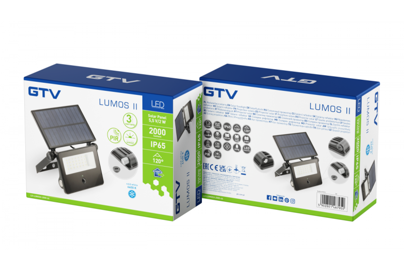 Luz de inundación solar LUMOS II, LED, 2000lm, 6400K, 2600mAh reemplazable, IP65, negro