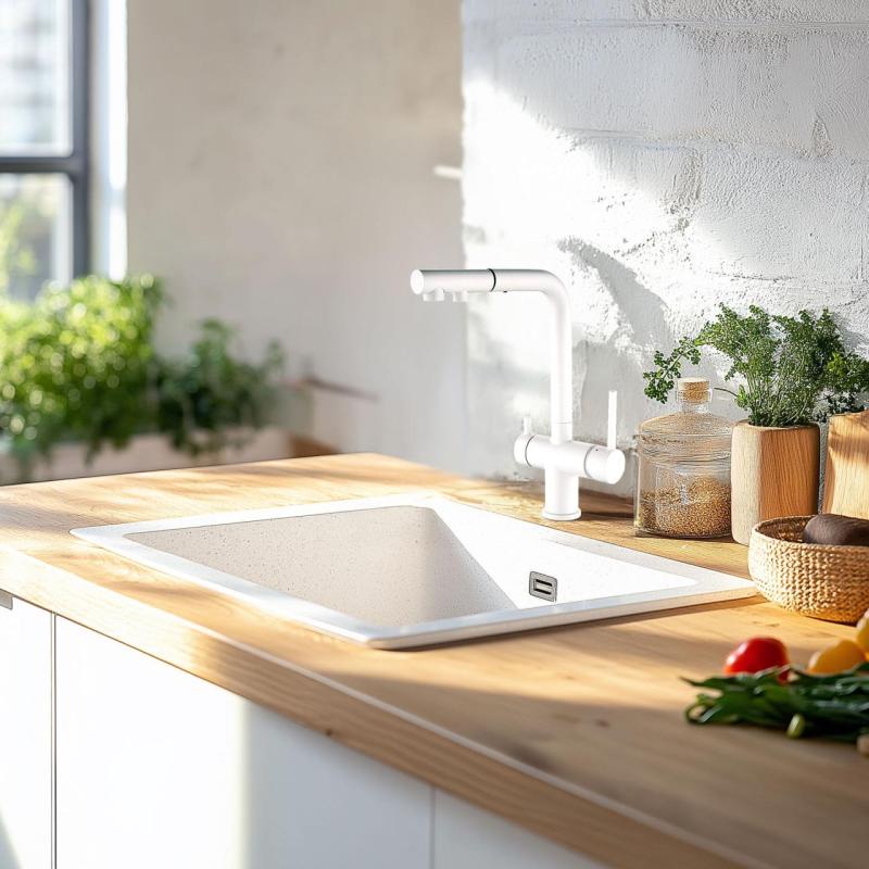 Ausmann Ellington Grifo de Cocina de 3 Vías con Caño Extraíble y Agua Filtrada – Blanco - 1208970496