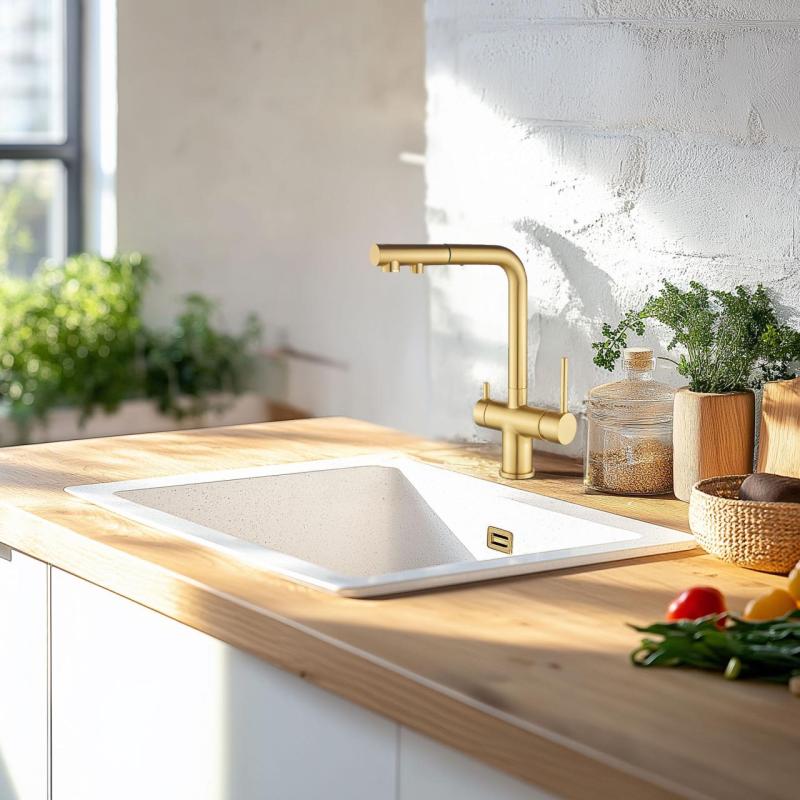 Ausmann Ellington Grifo de Cocina de 3 Vías con Caño Extraíble y Agua Filtrada – Oro- 1208970498