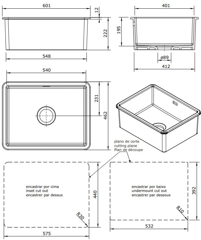 Ausmann Ceramic Ember Fregadero de Cerámica Mate Negro - Montaje Superior e Inferior 54 x 40 cm 1208970511