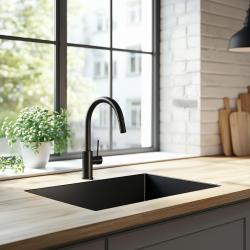 Ausmann Ceramic Ember Fregadero de Cerámica Mate Negro - Montaje Superior e Inferior 54 x 40 cm con tapón de acero inoxidable 1208970511