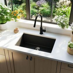 Ausmann Ceramic Ember Fregadero de Cerámica Mate Negro - Montaje Superior e Inferior 54 x 40 cm con tapón de acero inoxidable 1208970511