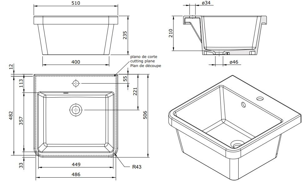 Ausmann Ceramic Frost Fregadero de Cerámica Blanco - Sobre encimera 510 x 506 mm con plataforma para grifo 1208970516