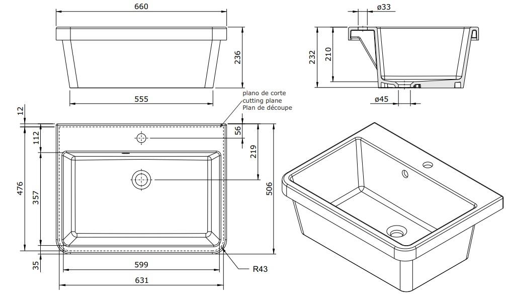 Ausmann Ceramic Frost Fregadero de Cerámica Blanco - Sobre encimera 660 x 506 mm con área para grifo 1208970517