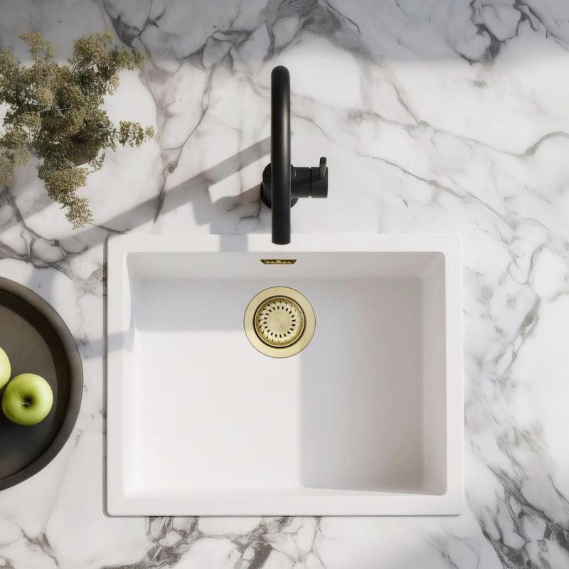 Fregadero Blanco 50x40 cm Bajo Encimera, Sobre Encimera y A Ras con Tapón Dorado 1208970532