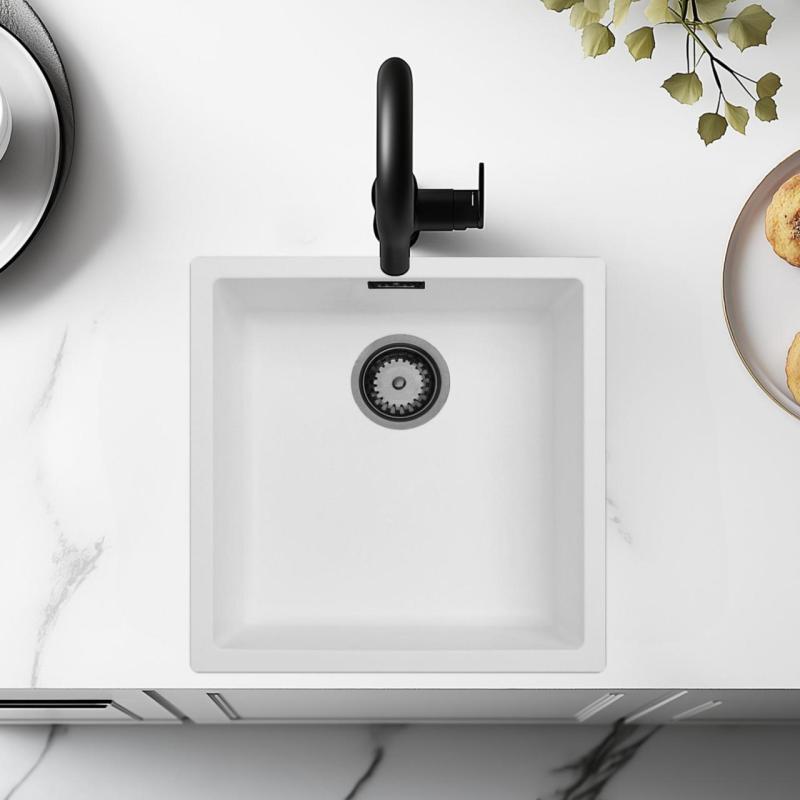 Fregadero Blanco 40x40 cm para Montaje Inferior, Superior y a Nivel con Tapón de Metal Gun 1208970534.