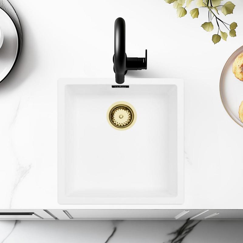 Fregadero Blanco 40x40 cm Integrado, Sobre encimera y Al ras con Tapón Dorado 1208970537