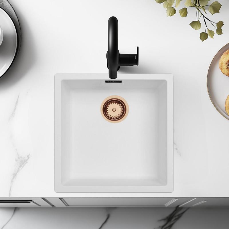 Fregadero Blanco 40x40 cm para Montaje Inferior, Superior e Integrado con Tapón de Cobre 1208970538