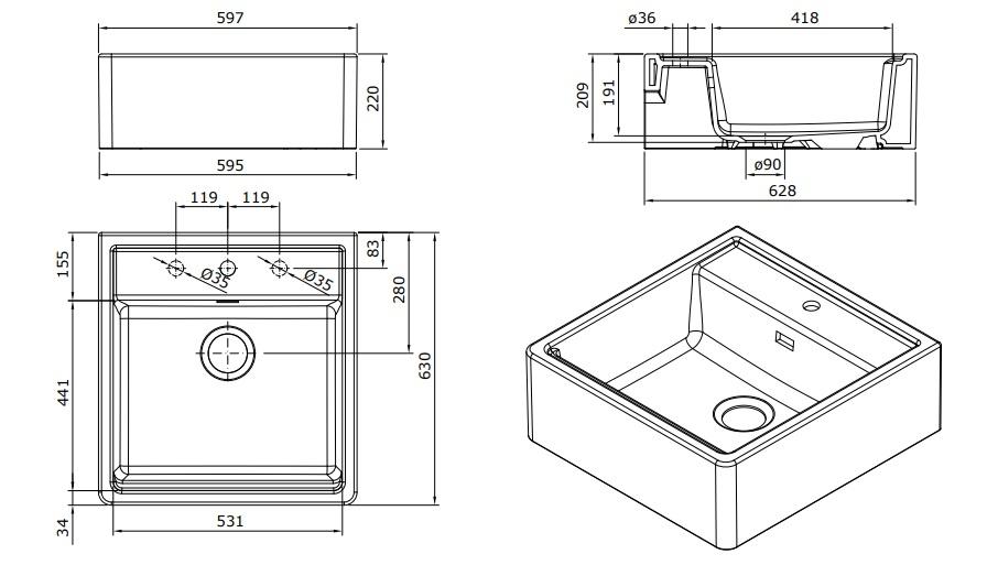 Ausmann Ceramic Panor Shade Fregadero Blanco Cerámico Butler - Integrado y Semiempotrado 630 x 597 mm con plataforma para grifo y tapón de metal de arma 1208970551.