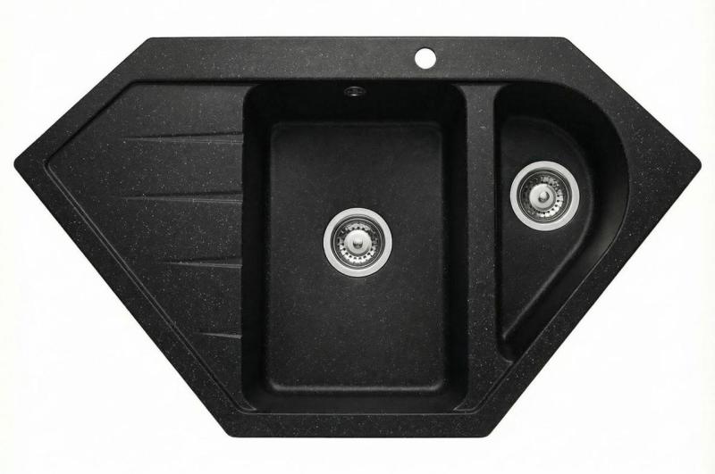 Graniteland Amiata Granito negro Arduin aspecto piedra azul Fregadero angular sobre encimera 955 x 489 mm con tapón de acero inoxidable 1208970620