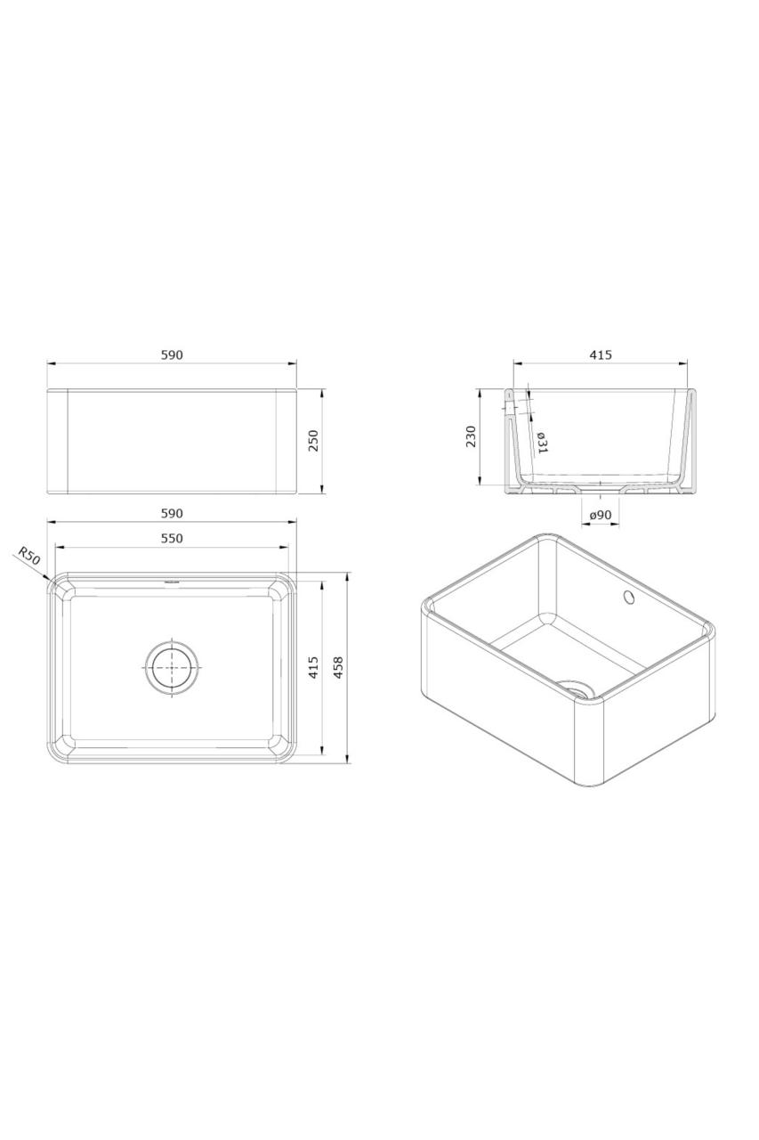 Ausmann Ceramic Mira Fregadero de Cerámica Blanco - Integrado y Semi-integrado 590 x 458 mm con tapón de acero inoxidable 1208970733.