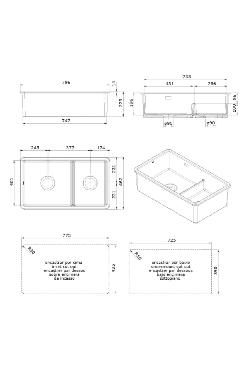 Ausmann Ceramic Ember Fregadero Cerámico Blanco de Un y Medio Senos para Montaje Sobre Encimera y Bajo Encimera 733 x 401 mm con Tapones de Acero Inoxidable 1208970737.