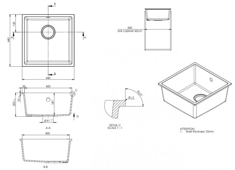 GraniteMy Universal Granito Gris, oscuro Fregadero 40x40 cm Montaje superior, Montaje inferior y Montaje al ras con Tapón de acero inoxidable 1208970742
