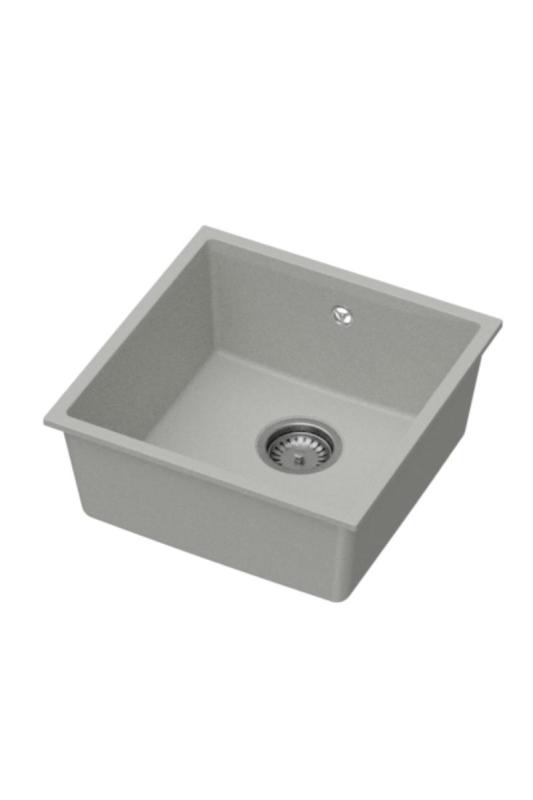 GraniteMy Universal Fregadero de Granito Gris 40x40 cm para Montaje Superior, Inferior y a Ras con Tapón de Acero Inoxidable 1208970743