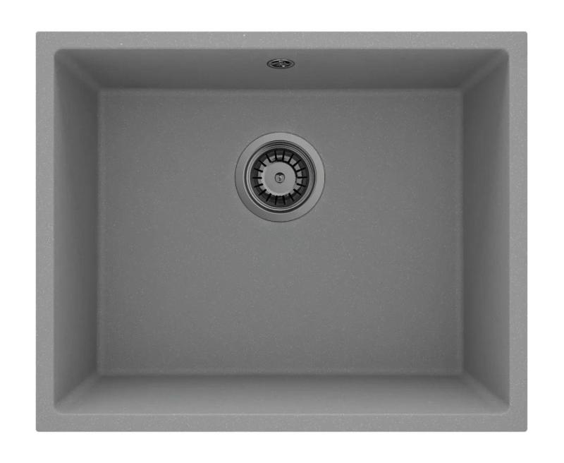 GraniteMy Universal Fregadero de Granito Gris 50x40 cm de Montaje Superior, Inferior y a Ras con Tapón de Metal Gun 1208970758