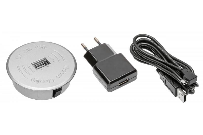 Set de cargador inalámbrico con USB plateado con adaptador de corriente (cable USB desmontable de 2 m)