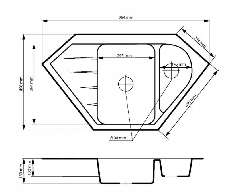 Graniteland Amiata Granito Negro Fregadero de Esquina Sobre Encimera 965x496mm con Tapón de Acero Inoxidable 1208971120
