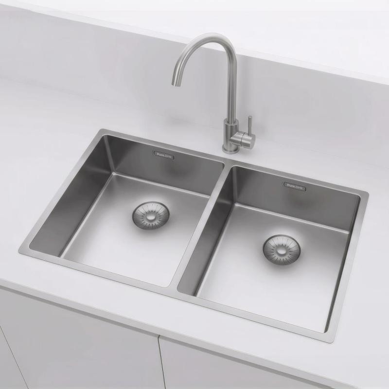 Pure.Sink Prestige Doble fregadero de acero inoxidable 70x40 cm radio de 10mm para montaje inferior, empotrado y superior PPG343440-02