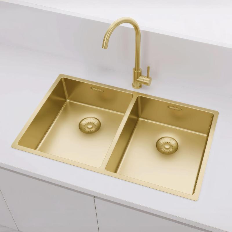Pure.Sink Prestige Doble fregadero dorado de 70x40 cm con radio de 10mm para montaje inferior, montaje a ras y montaje superior PPG343440-60