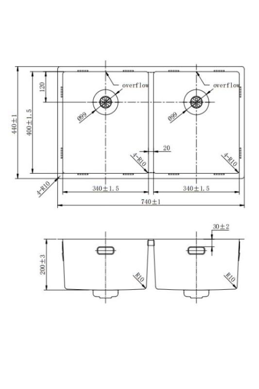 Pure.Sink Prestige Doble fregadero dorado de 70x40 cm con radio de 10mm para montaje inferior, montaje a ras y montaje superior PPG343440-60