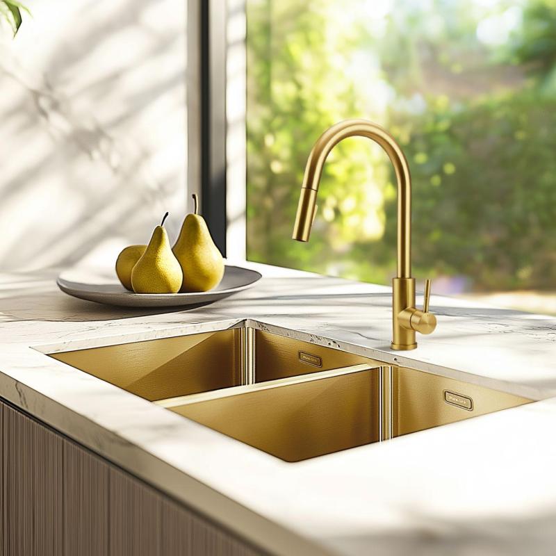Pure.Sink Prestige Doble fregadero dorado de 70x40 cm con radio de 10mm para montaje inferior, montaje a ras y montaje superior PPG343440-60