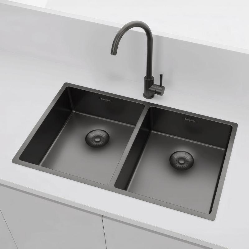 Pure.Sink Prestige Doble fregadero Gun metal (Gris plomo) 70x40 cm radio de 10mm para montaje inferior, montaje al ras y montaje superior PPG343440-61