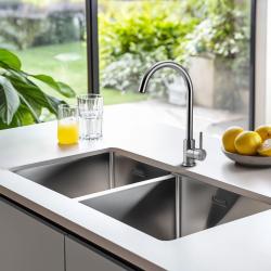 Pure.Sink Prestige Doble fregadero de acero inoxidable 82x40 cm radio de 10mm para montaje inferior, montaje al ras y montaje superior PPG404040-02