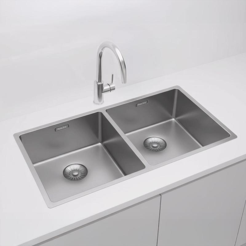 Pure.Sink Prestige Doble fregadero de acero inoxidable 82x40 cm radio de 10mm para montaje inferior, montaje al ras y montaje superior PPG404040-02