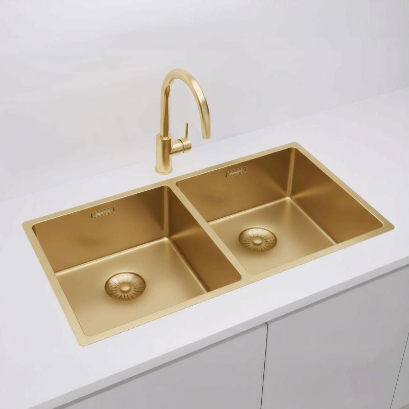 Pure.Sink Prestige Doble fregadero dorado 82x40 cm radio de 10mm para montaje inferior, montaje plano y montaje superior PPG404040-60