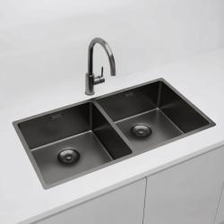 Pure.Sink Prestige Doble fregadero color Gun metal (Gris plomo)  82x40 cm radio de 10mm bajo encimera, instalación al ras y montaje en superficie PPG404040-61