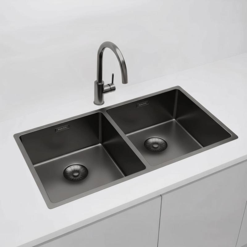 Pure.Sink Prestige Doble fregadero color Gun metal (Gris plomo)  82x40 cm radio de 10mm bajo encimera, instalación al ras y montaje en superficie PPG404040-61