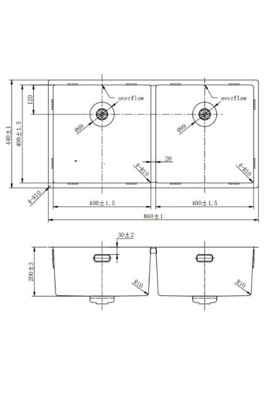 Pure.Sink Prestige Doble fregadero de cobre 82x40 cm radio de 10mm para montaje inferior, montaje superficial y montaje superior PPG404040-62