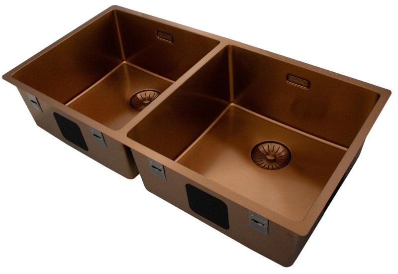 Pure.Sink Prestige Doble fregadero de cobre 82x40 cm radio de 10mm para montaje inferior, montaje superficial y montaje superior PPG404040-62