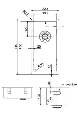 Pure.Sink Exclusivo pequeño fregadero dorado de 18x40 cm, radio de 10 mm, subestructura, enrasado y montaje superior PEX1840-60