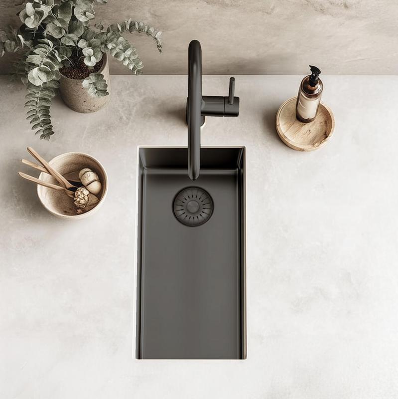 Pure.Sink Exclusivo Gun metal pequeño fregadero de 18x40 cm radio de 10mm empotrado, a ras y sobre encimera PEX1840-61