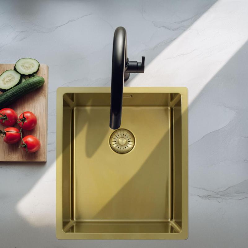 Pure.Sink Exclusivo Fregadero dorado de 34x40 cm, radio de 10mm para submontaje, montaje plano y montaje superior PEX3440-60