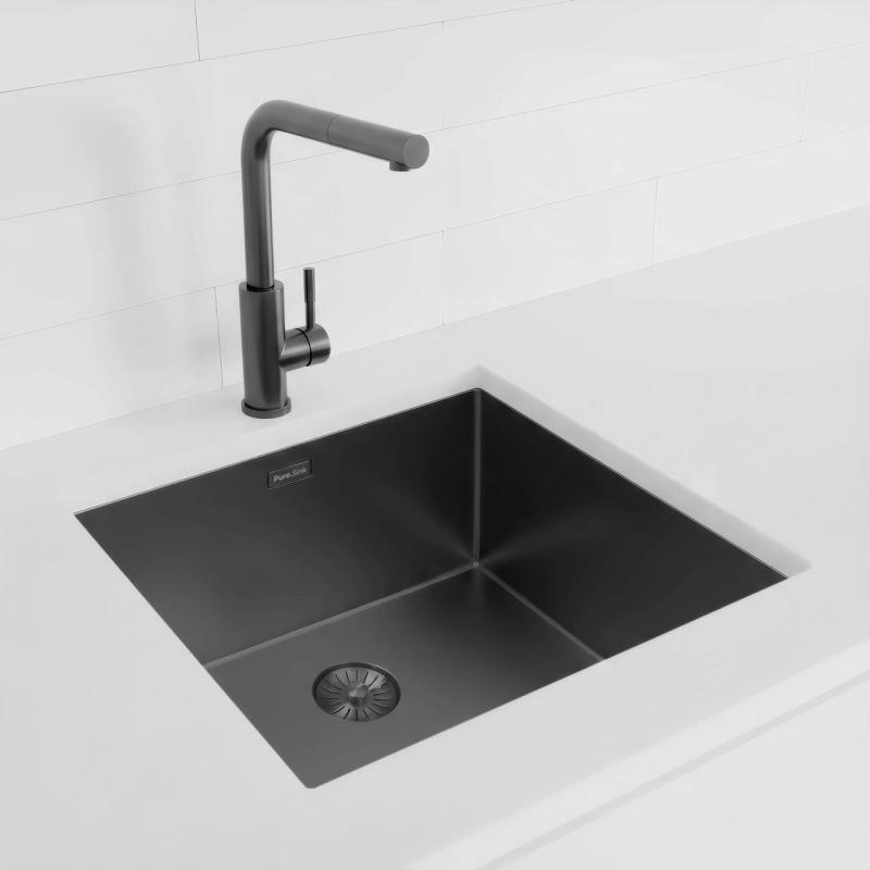 Pure.Sink Exclusivo Fregadero color Gun metal (Gris plomo) 45x40 cm radio de 10mm para bajo encimera, montaje al ras y montaje superior PEX4540-61