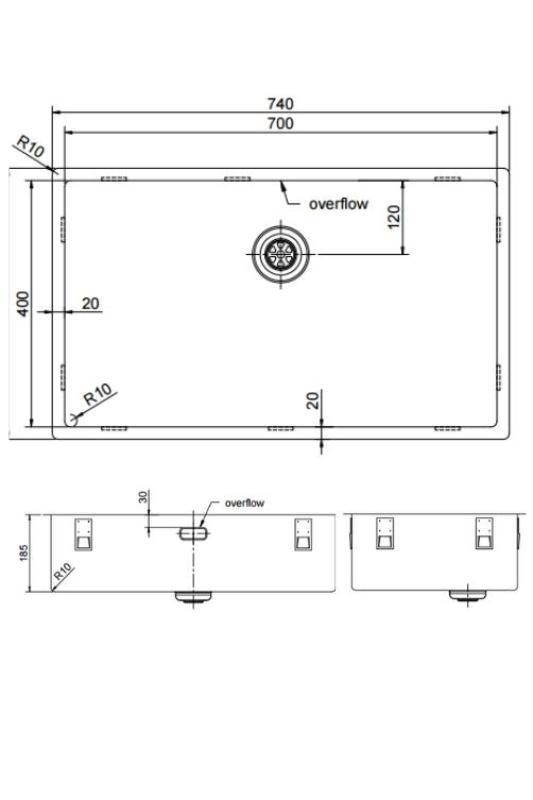 Pure.Sink Exclusivo gran fregadero de cobre 70x40 cm radio de 10mm, montaje inferior, empotrado y superior PEX7040-62