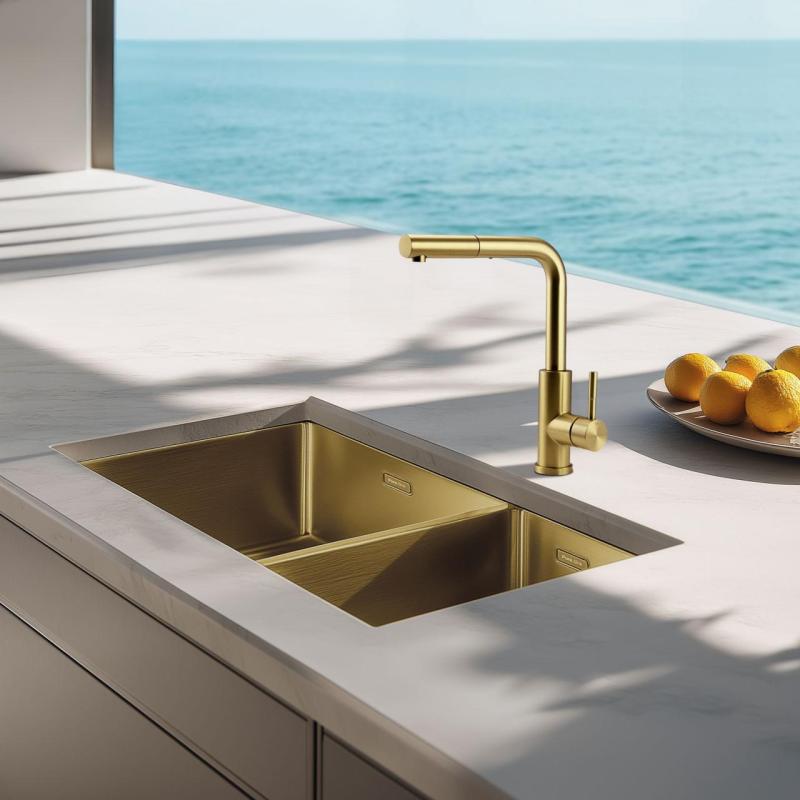 Pure.Sink Exclusivo Dorado 1,5 lavabo de una y media 34+18 cm radio de 10mm PEX341840-60