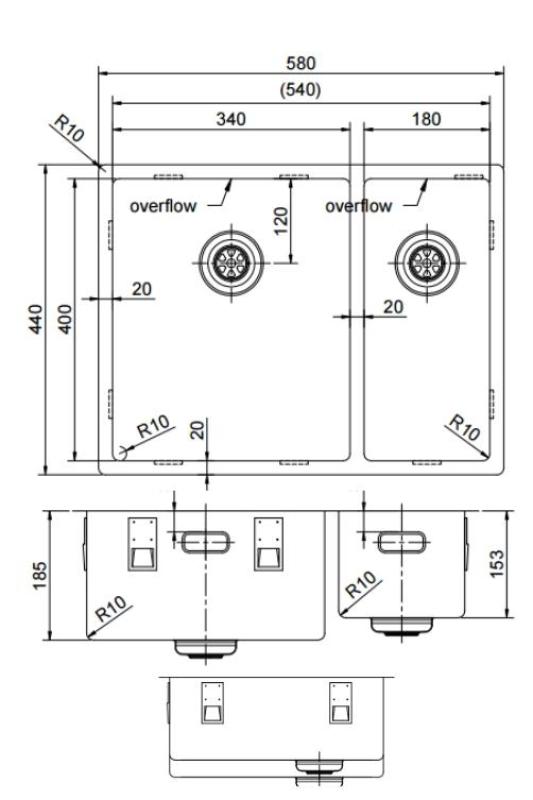 Pure.Sink Exclusivo Cobre 1,5 lavabo de una y media 34+18 cm radio de 10mm PEX341840-62